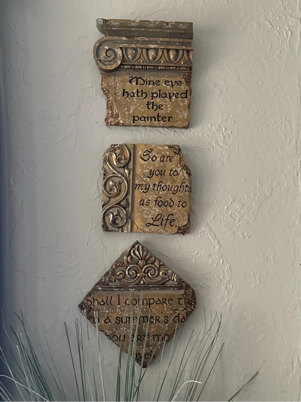 Shakespeare Quote gilded faux-stone architectural Wall Plaques Set of 3